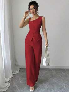Conjunto de mujer de chaleco sin mangas con botones y tirantes oblicuos para primavera/verano + pantalones rectos con botones - Rojo - Ver 5