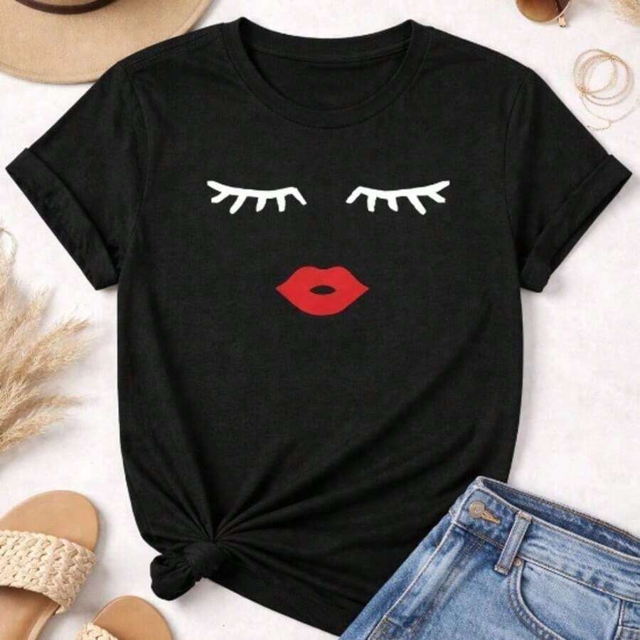 Collection Of Pretty Printed T-Shirts, 100% Cotton For Women, Basic Everyday T-Shirt, Short Sleeve, Casual And Elegant Top, Bow And Heart Prints, Fun Fashion T-Shirt, Aesthetic Summer Set, Gift For Her - Urban Vintage Style, Unisex Loose Cotton Short Sleeve Round Neck T-Shirt, Blouses For Women, Women's T-Shirts, Casual Blouses For Ladies. - 黑色 4 - 查看 1