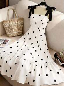 Vestido largo de verano con estampado vintage, hombros con cordones, corte en la cintura para vacaciones y playa para mujeres - Multicolor - Ver 5