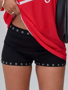 Women Rivet Summer Casual Hot Mini Shorts Mid Rise Y2K Micro Shorts With Zipper - Black - View 4