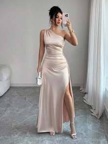 Vestido de noche largo y sexy para mujer con un hombro, cintura fruncida y abertura alta, de satén de lujo, nuevo para el verano de 2026 - Champán - Ver 8
