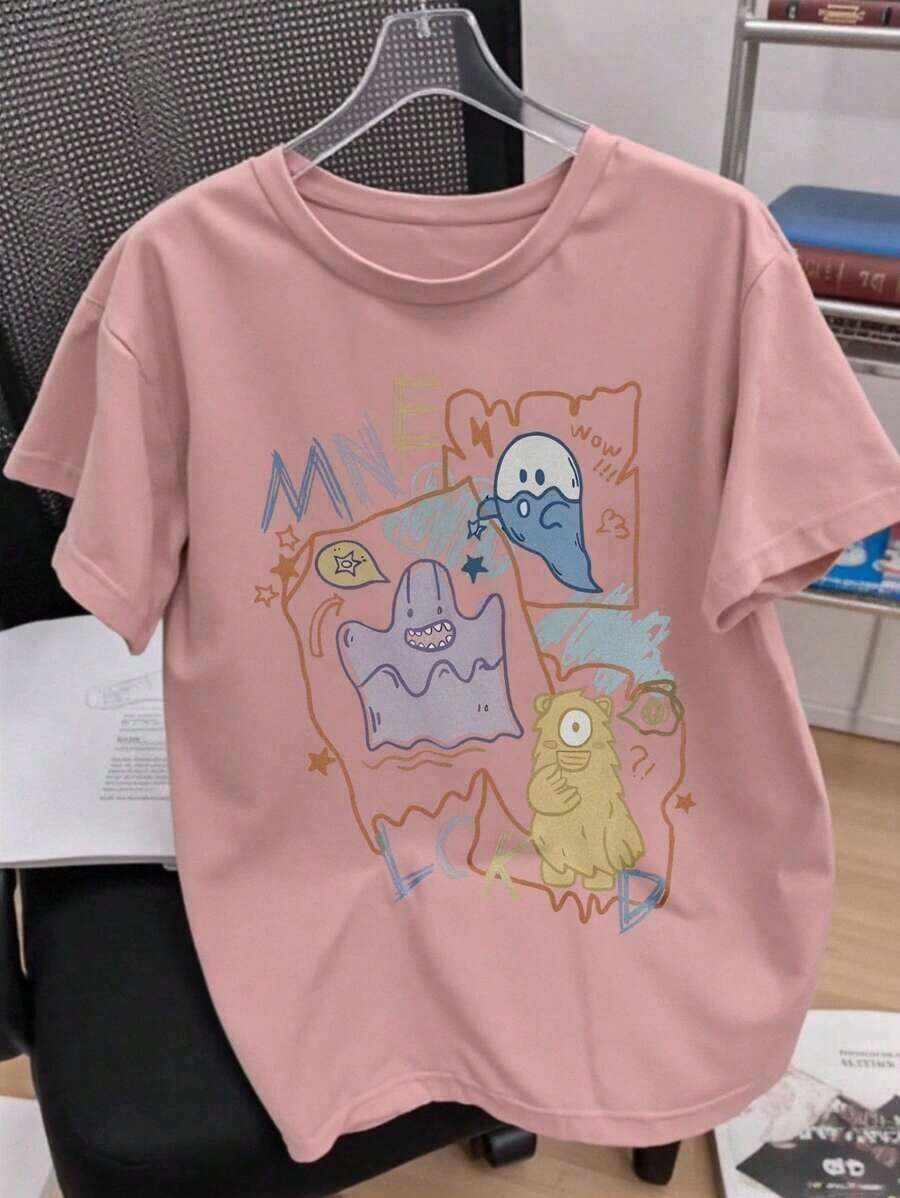 Camiseta gráfica de manga corta con cuello redondo y estampado de monstruos casual para mujer - Rosa Pálido - Ver 1