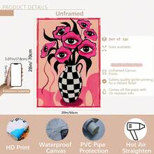2D Wall Art Decor, Featuring Retro Poster Design With Surreal Pink Eyes And Floral Patterns; Another Piece Is A Minimalist Pink Checkered Vase Canvas Painting, Suitable For Bedroom And Living Room Decoration - G - View 13