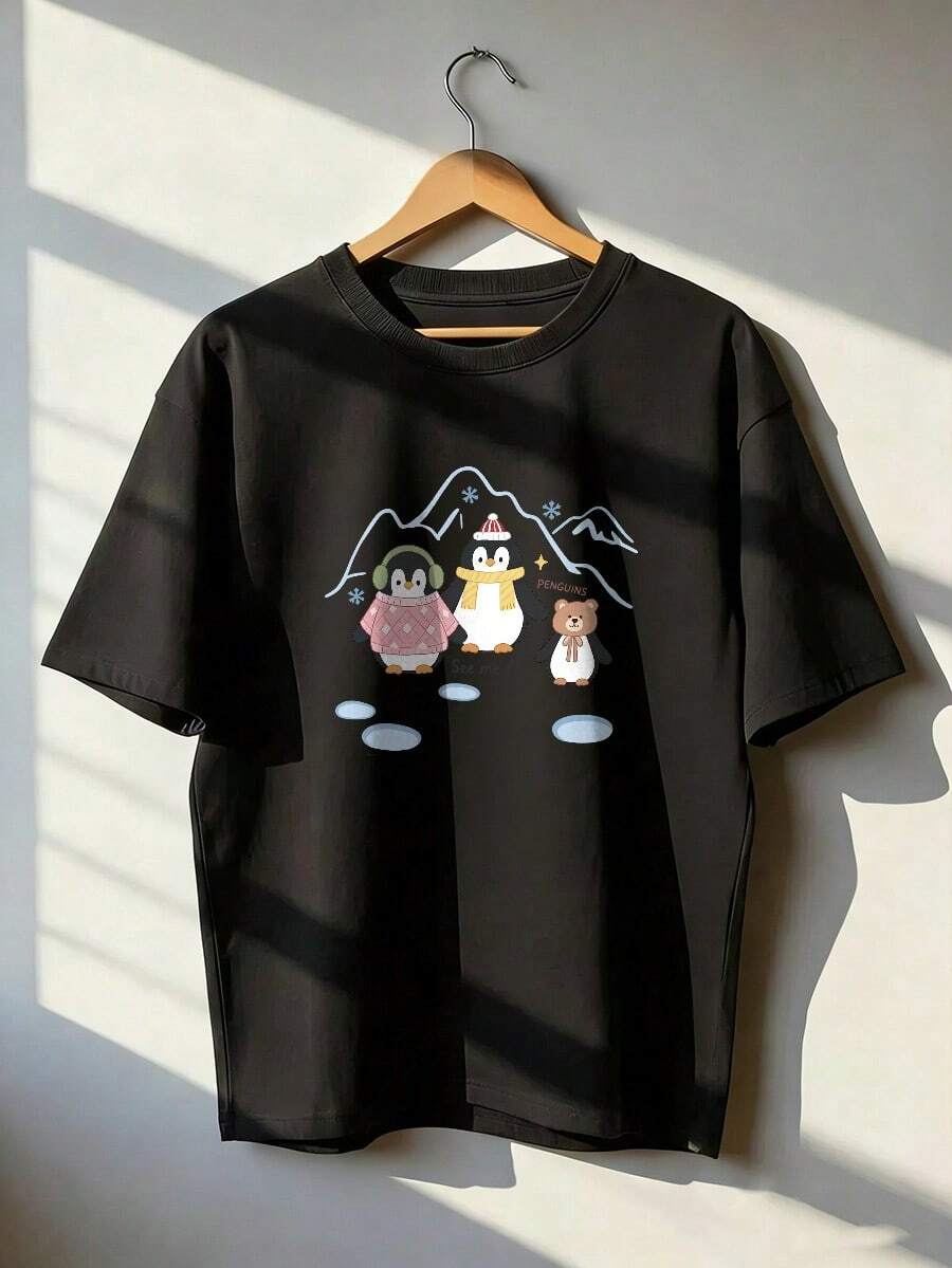 Winter Character Short-Sleeve T-Shirt, Fashionable Short-Sleeve T-Shirt For Spring And Summer 2026, Made In Mexico, 180 Grams. Cartoon Print, Couple Design, Suitable For Indoor Or Outdoor Wear. Crew Neck, Unisex, Ideal For Office And Leisure. One-Pack. - BK-P631577SLNDXZGY434 - 查看 1