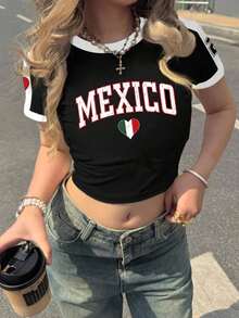 Camiseta casual con eslogan de vuelta al colegio/universidad, bandera mexicana y estampado de corazón, para usar en casa, deportes y al aire libre, con estilo Y2K - Negro - Ver 1