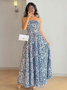 Raffinéa Vestido casual largo con estampado floral de porcelana azul y blanco, con tirantes finos y espalda descubierta que cintura la cintura, elegante para primavera/verano y vacaciones - Azul - Ver 1