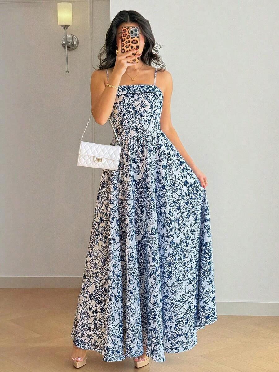 Raffinéa Vestido casual largo con estampado floral de porcelana azul y blanco, con tirantes finos y espalda descubierta que cintura la cintura, elegante para primavera/verano y vacaciones - Azul - Ver 1