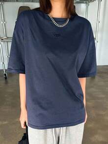 Camiseta De Hombro Caído Con Bordado De Letra - Azul marino - Ver 3