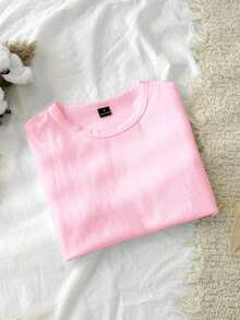 95% algodón. Camiseta corta de manga corta, cuello redondo, ajustada y recortada de unicolor minimalista casual para mujer, vintage, softgirl, elegante. Se puede usar en todas las estaciones, old money, salidas de verano, en casa, vuelta al cole, otoño. - Rosa Pálido - Ver 9