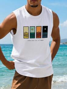1pc Men's Summer Printed Round Neck Casual Tank Top - White - View 1