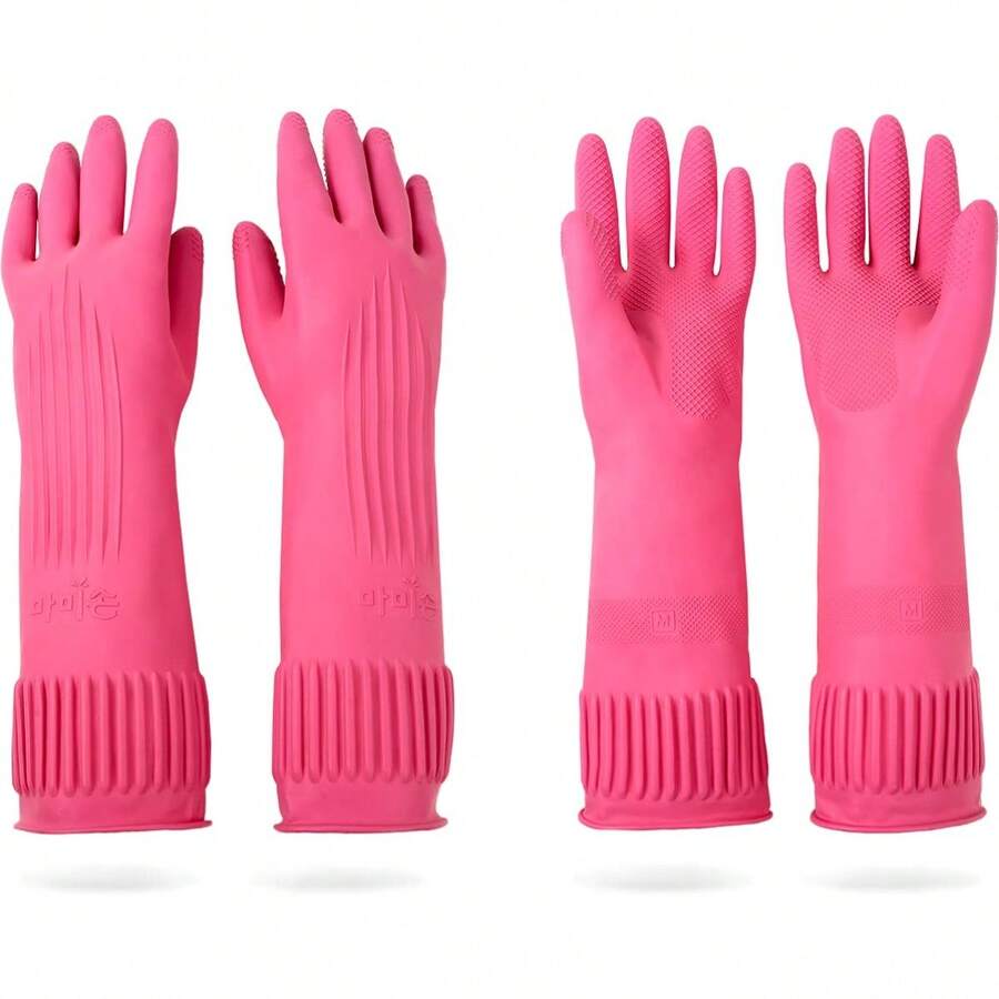 Mamison 2 Pairs Reusable Waterproof Household Dishwashing Cleaning Rubber Gloves, Non-Slip Kitchen Glove (Pink, Medium (Pack Of - kiểu dáng như hình ảnh - Xem 1