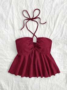 Camiseta de cuello halter casual gris azul texturizada para mujer de vacaciones - Burdeos - Ver 4