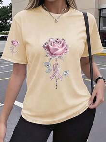Camiseta casual de mujer con estampado de corazón y cuello redondo, para verano - Caqui 2 - Ver 6