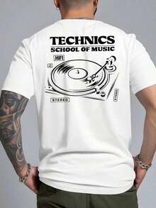 Men's Summer T-Shirts, Retro 80s Graphic Design - Vintage DJ Turntable And Vinyl Record Design With Technics School Of Music Lettering - Breathable Polyester Blend, Casual Short-Sleeved Shirt, Oversized Fit, Musical T-Shirt, Men's Plus Size T-Shirts, Men's Oversized T-Shirts, Spring Outfit, Cotton T-Shirt, Men's T-Shirt, Cotton T-Shirt, Men's Retro Street Print. - trắng - Xem 3
