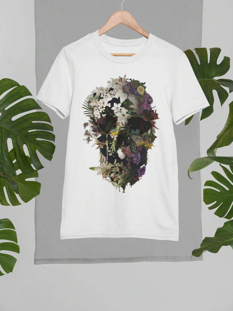 Camiseta boho con estampado de calavera floral para hombre Bella Canvas, 220 g, algodón puro unisex. Peso ideal para todas las estaciones, apta tanto para hombres como para mujeres. Tejido duradero de alta calidad, suave al tacto y de larga duración. Camiseta transpirable. Adecuada para primavera y verano, vacaciones, Día de la Madre, Día de la Independencia. - Blanco - Ver 1