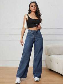 Pantalones Largos De Mezclilla De Cintura Alta Cruzada Para Mujer - Azul lavado oscuro 2 - Ver 1