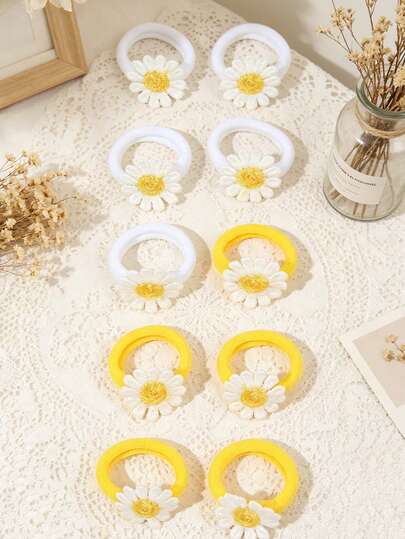 10 pezzi/set Scrunchies per capelli floreali da ragazza, lacci per capelli elastici con fiori di margherita bianchi e gialli ricamati, accessori per capelli di stile carino e dolce, adatti per outfit estivi e uso quotidiano casual, decorazioni per capelli attraenti per adolescenti