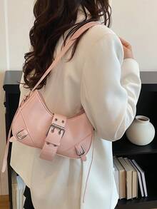 1pc White PU Leather Y2K Gothic Style Rivet Decor Shoulder Bag, Retro Fashion, Suitable For Daily Commute, Crescent-Shaped Tready Ladies Handbag - Pink - View 2