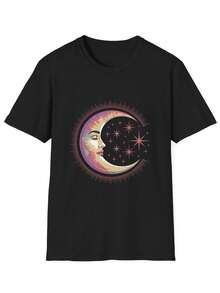 Celestial Crescent Moon Face T1S1Hirt Vintage Sun and Stars Graphic - Negro - Ver 2