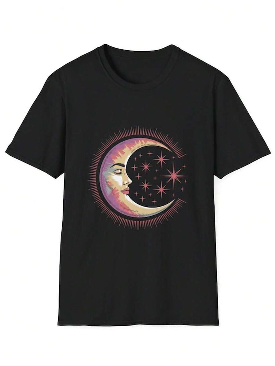 Celestial Crescent Moon Face T1S1Hirt Vintage Sun and Stars Graphic