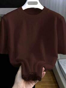 男士休闲百搭纯色短袖针织衫，适合日常穿着和通勤。 - 棕色 - 查看 2