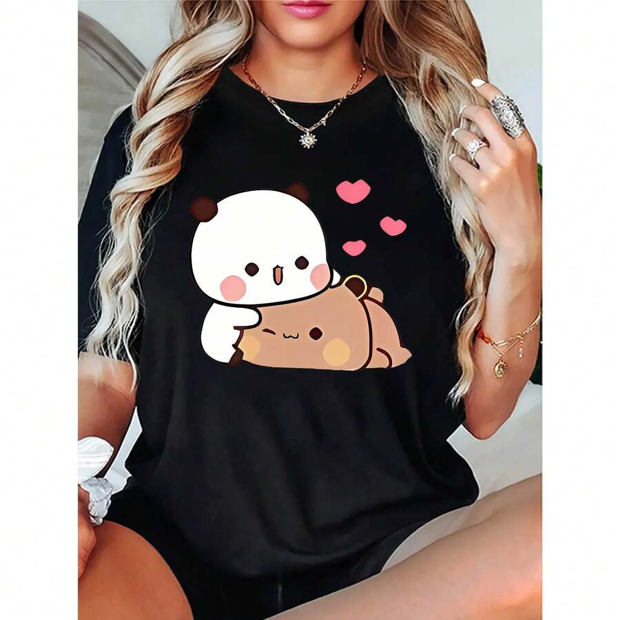Plus Size Women's Casual Short Sleeve T-Shirt With Hugging Panda And Bear Graphic, Pink Heart Print, Soft And Stretchy Fabric, Round Neck, Machine Washable, Comfortable T-Shirt For All Seasons - [] - 查看 1