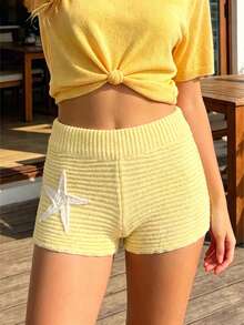 Women's Starfish Pattern Knit Shorts, Cute Knit Shorts Suitable For Summer Wear, Fashionable Women's Daily Knit Clothing - Yellow - View 5