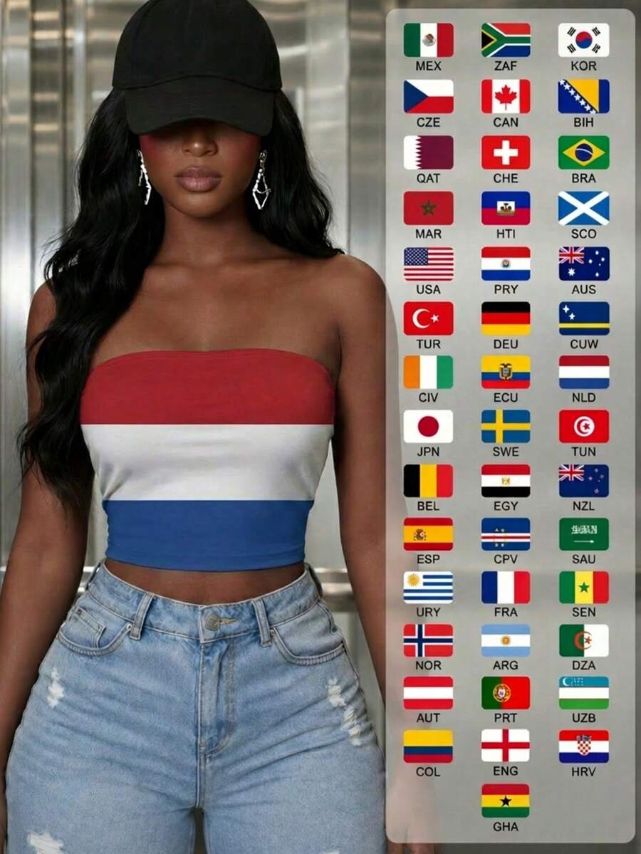 Top corto sin tirantes y sin espalda con estampado de la bandera de los Países Bajos, adecuado para deportes casuales en verano y primavera, partidos de fútbol y eventos de la Copa del Mundo