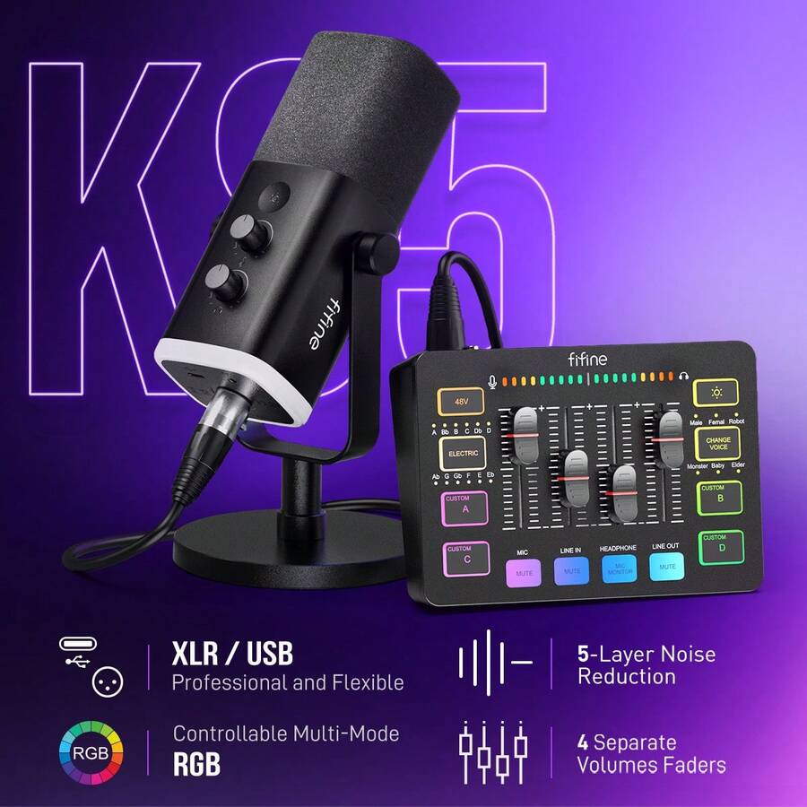 Podcast Sound Card Recording Studio Kit, Equipped With Dynamic XLR/USB Gaming Microphone, USB/XLR Microphone Set With Volume Slider/XLR Interface, Suitable For PC Gaming, Recording, Video, Vocals - Ampligame - FIFINE KS5