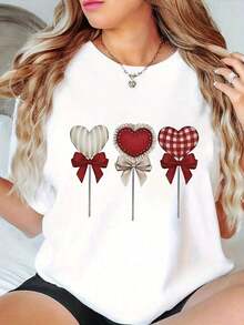 Camiseta Deportiva Casual de Talla Grande para Mujer, 100% Algodón, Diseño de Piruleta en Forma de Corazón, Cuello Redondo, Cómoda y Holgada, Transpirable, 100% Algodón - Blanco - Ver 2