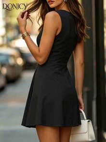 DONICY Vestido negro de cuello en V sin mangas con falda en A para mujer, elegante vestido corto midi con bajo plisado, adecuado para uso diario en verano y primavera y citas - Negro - Ver 2