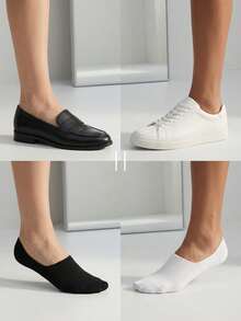 2 Pairs Men's Striped Invisible Socks Black & White Low-Cut Socks With Anti-Slip Heel Design - Multicolor - View 3