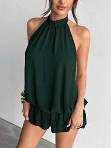casual de verano para mujer con cuello halter, unicolor y volantes en el bajo - Verde Oscuro - Ver 5