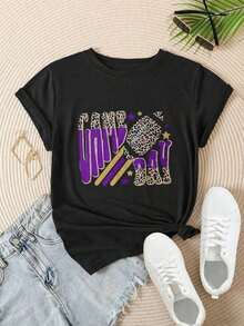 Camiseta Casual con Estampado de Moda para Mujer, Diseño de Estrellas Moradas de Fútbol Leopard, Adecuada para Todas las Temporadas  
 -Blanco - Negro - Ver 3