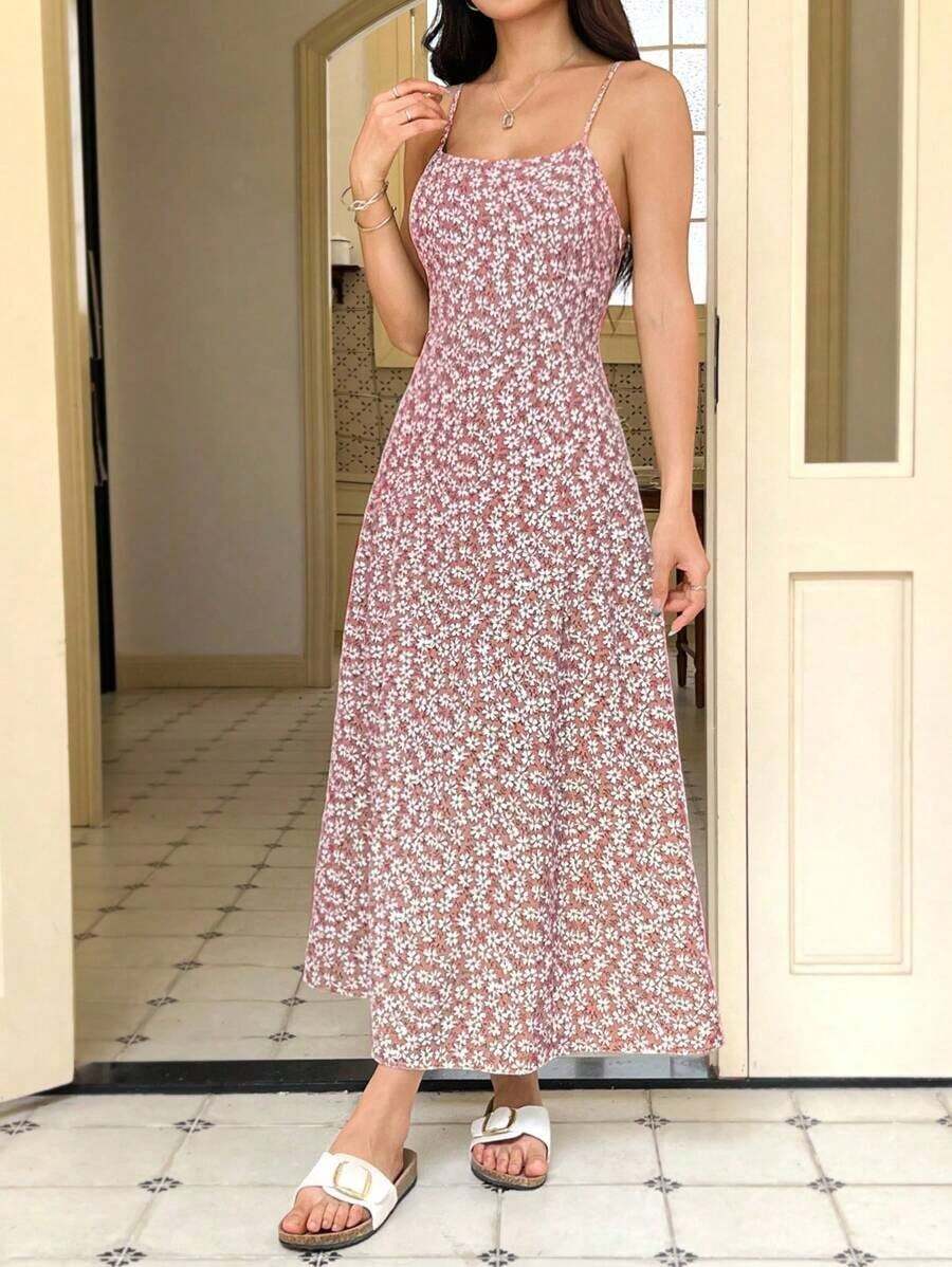 Vestido de playa con tirantes finos y estampado floral ditsy negro para mujeres - Rosa - Ver 1