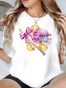 Minimalist Illustration Of A Bright Pink Helmet With A Bat And Softballs Adorned With A Bow, Symbolizing Feminine Energy And Love For Sports. Women's 100% Cotton T-Shirt, Elegant And Comfortable. Women's Simple Solid Color T-Shirt, Loose And Slim Fit Casual Short Sleeve - 紅色的 - 查看 9