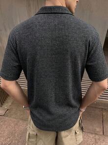 Men's Casual Commuter Ribbed Texture Cuban Collar Shirt - Dark Grey - View 3