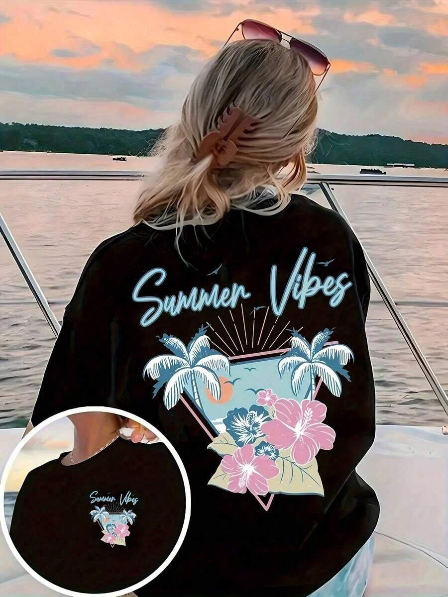Women's Summer Vibes Palm Tree Hibiscus Graphic T‑Shirt Double‑Sided Print Round Neck Short Sleeve Black Oversized Beach Vacation Casual Tees Tops - Black - View 1