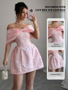 Minifalda de mujer con cuello con lazo y tela de jacquard para primavera/verano con hombros descubiertos - Rosa - Ver 7