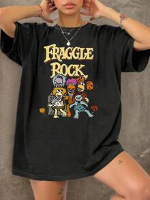 Women's Fraggle Rock Cartoon Character Print Short-Sleeve T-Shirt - Casual Vintage Style Crewneck Top, Soft Stretch Fabric, Machine Washable, All-Season Comfort, Cute Apparel For Music Fans, Opaque Material Minimalist Style Sweatshirt,Valentine Outfits For Women,Valentine's Day,Summer - màu đen - Xem 12