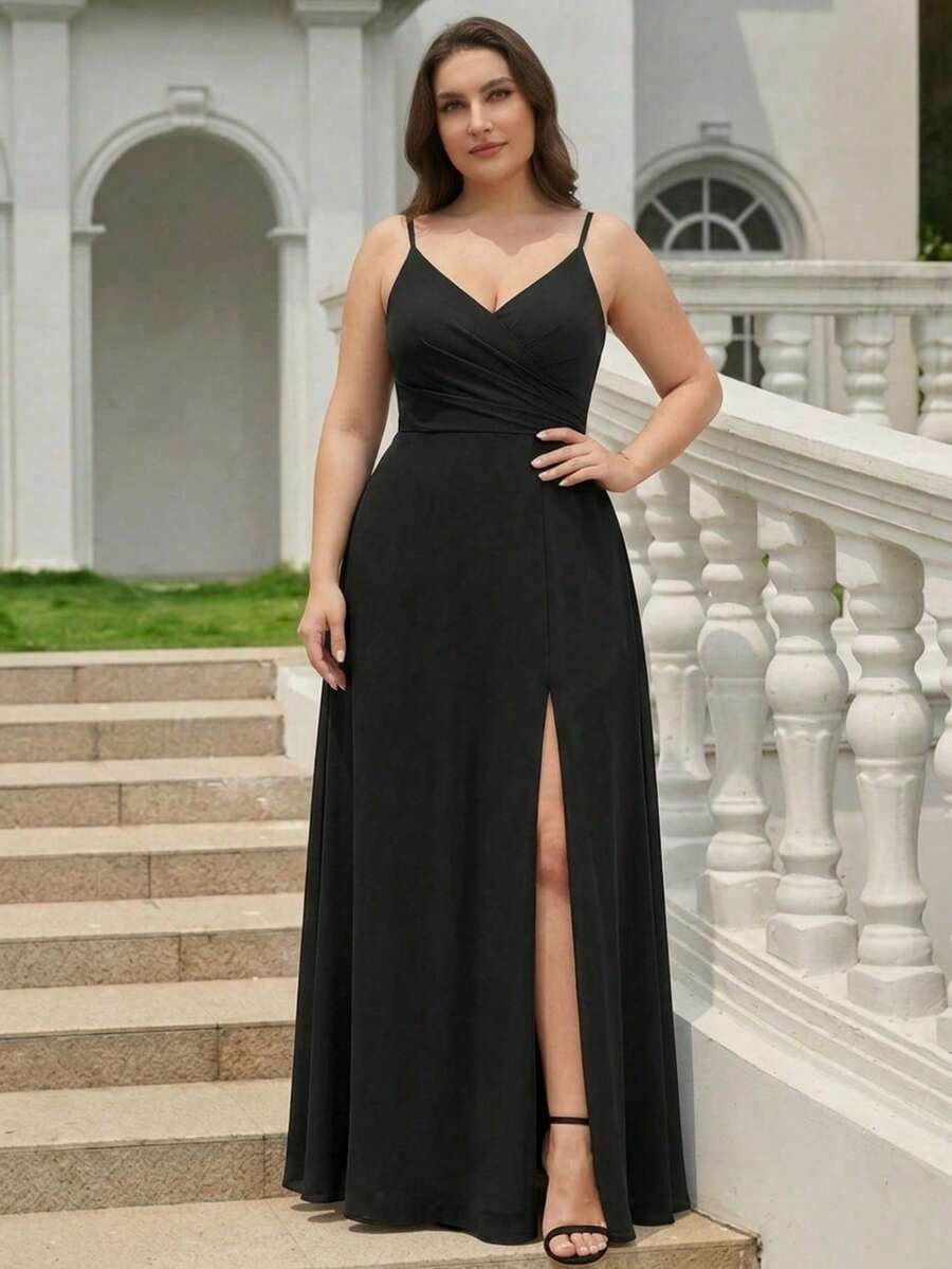 EVERPRETTY 大码女士雪纺V领高腰长款正式晚礼服，优雅伴娘礼服，适合婚礼宾客，春夏派对黑色 - 黑色 - 查看 1