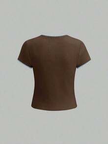 Camiseta casual de manga corta y cuello redondo con gráfico de niña de mezclilla para mujer, de verano - Multicolor - Ver 8