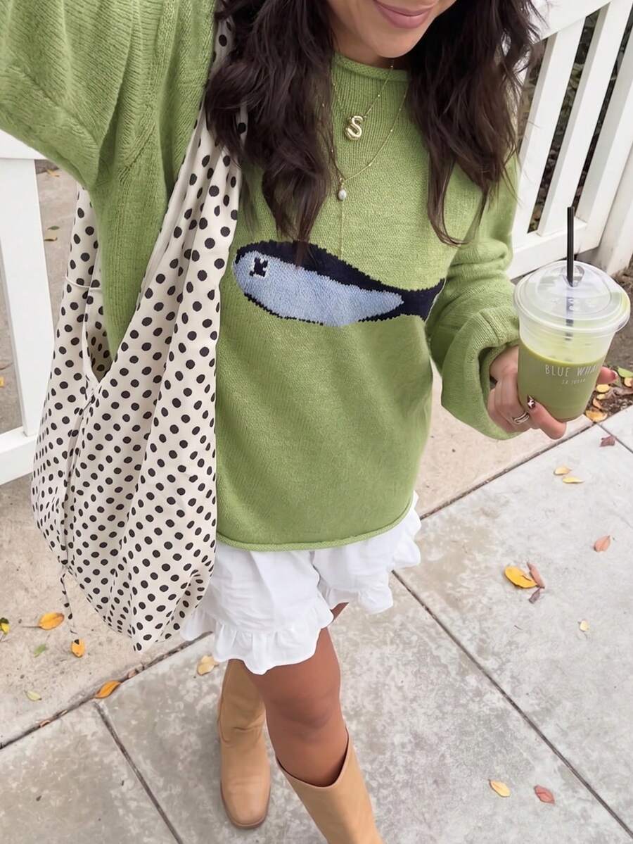 Pullover Rajut Jacquard Motif Ikan Estetik Lucu untuk Wanita, Sweater Kasual Longgar Lengan Panjang Raglan Leher Gulung untuk Musim Gugur - Lime Green - View 1