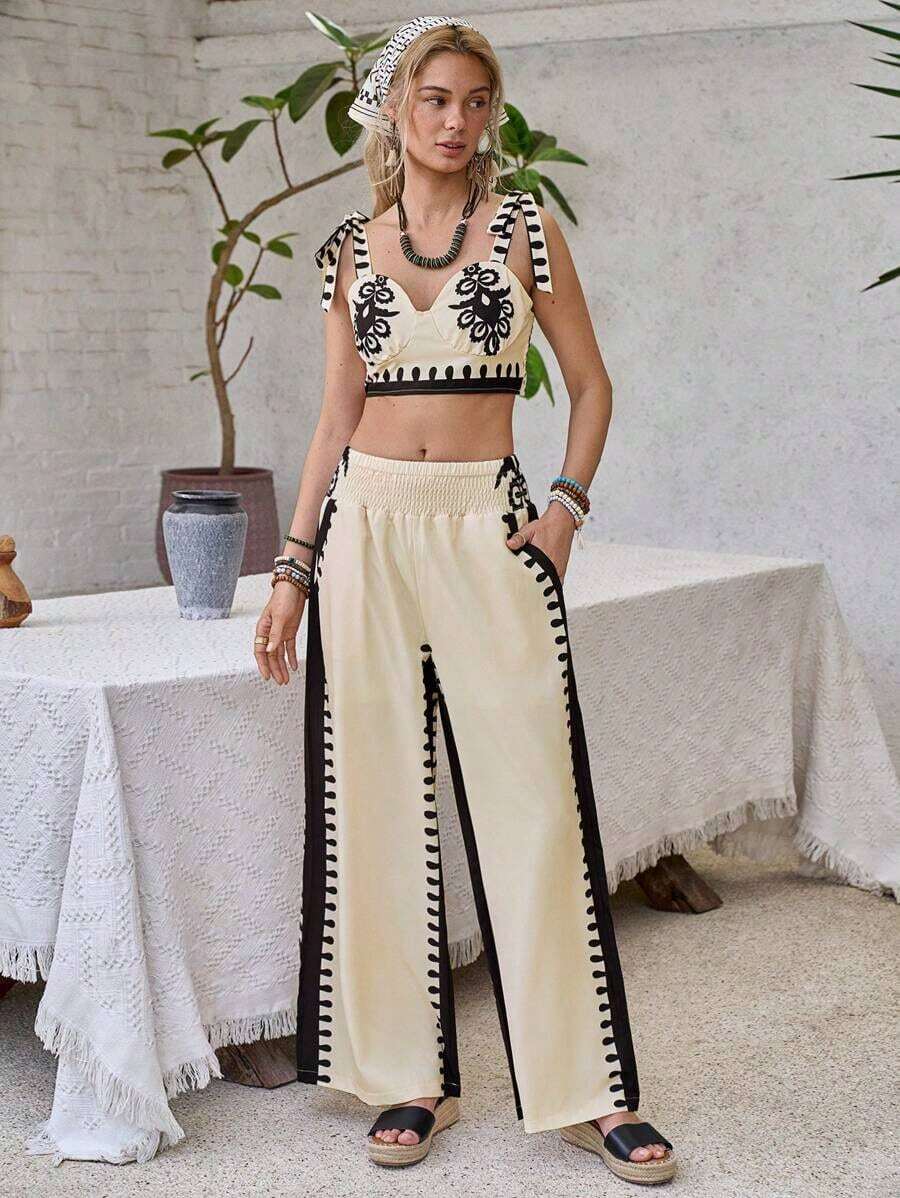 Top de tirantes con nudo y pantalones de pierna recta con estampado azul y blanco bohemio, conjunto de 2 piezas para vacaciones - Albaricoque - Ver 1