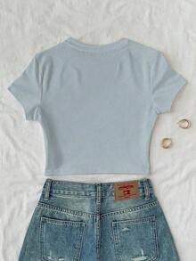 Camiseta corta de mujer de ajuste ceñido con estampado de lentejuelas y perlas de imitación, una prenda imprescindible para el verano, una camiseta de moda y con estilo, adecuada como regalo para hermanas, madres, Día de la Madre, una prenda casual - Azul - Ver 2