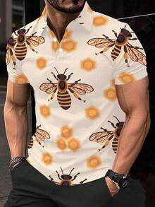 Unique Mens Bee Honeycomb Design Cotton-Feel Soft-Touch Short Sleeve Three-Button Polo Shirt Personalized Vibe Party Daily Wear Stylish - Black - View 1