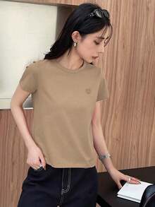 Y2K Style, Modern Style, The Newest Of 2026, Cute Style, Casual Style. Women's Loose-Fitting Casual Summer T-Shirt With Embroidered Heart And Letter Pattern, Red, 180g (S-XXXL) - 全穀類咖啡 - 查看 3
