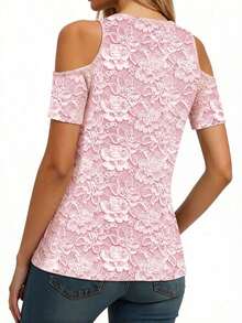 Camiseta de manga corta casual con cuello de corazón y hombros descubiertos, con estampado total de encaje floral 3D, adecuada para primavera/verano, viajes y salidas - Rosa 2 - Ver 2
