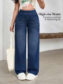 FlexDen Pantalones vaqueros de pierna ancha, estilo casual deportivo, con elástico para mujer - Niebla azul - Ver 7