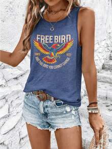 Women's Free Bird Eagle Retro Graphic Racerback Tank Top, 180G Vest Casual Summer Top, Classic Rock Lyric Tees, Vacation Outfits Women, Summer Clothes - 藏藍色4 - 查看 1